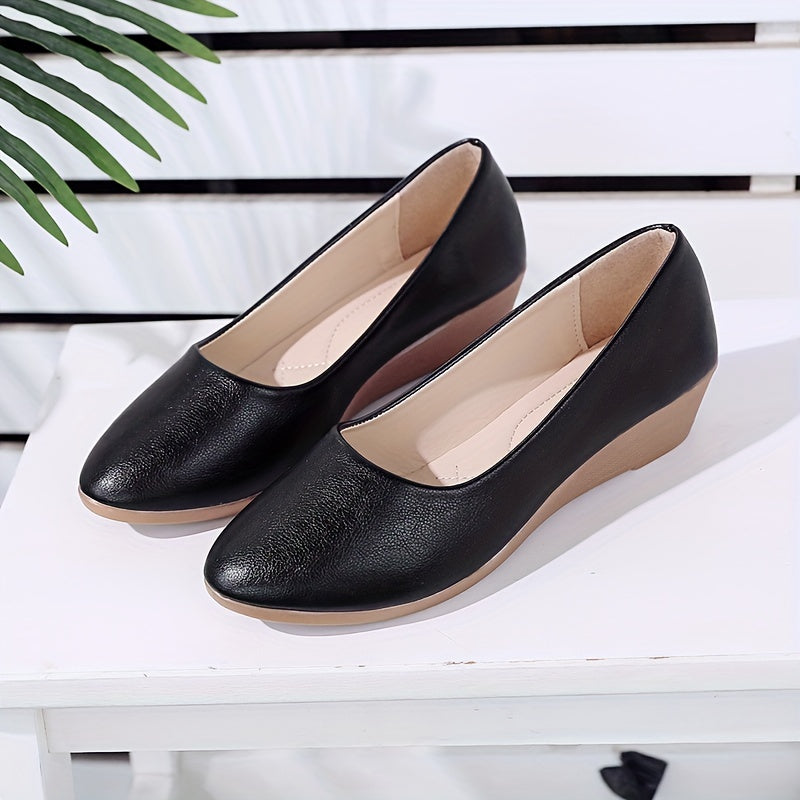 Women's Pointed Toe Wedge Shoes Soft Sole Slip On Faux Leather Shoes