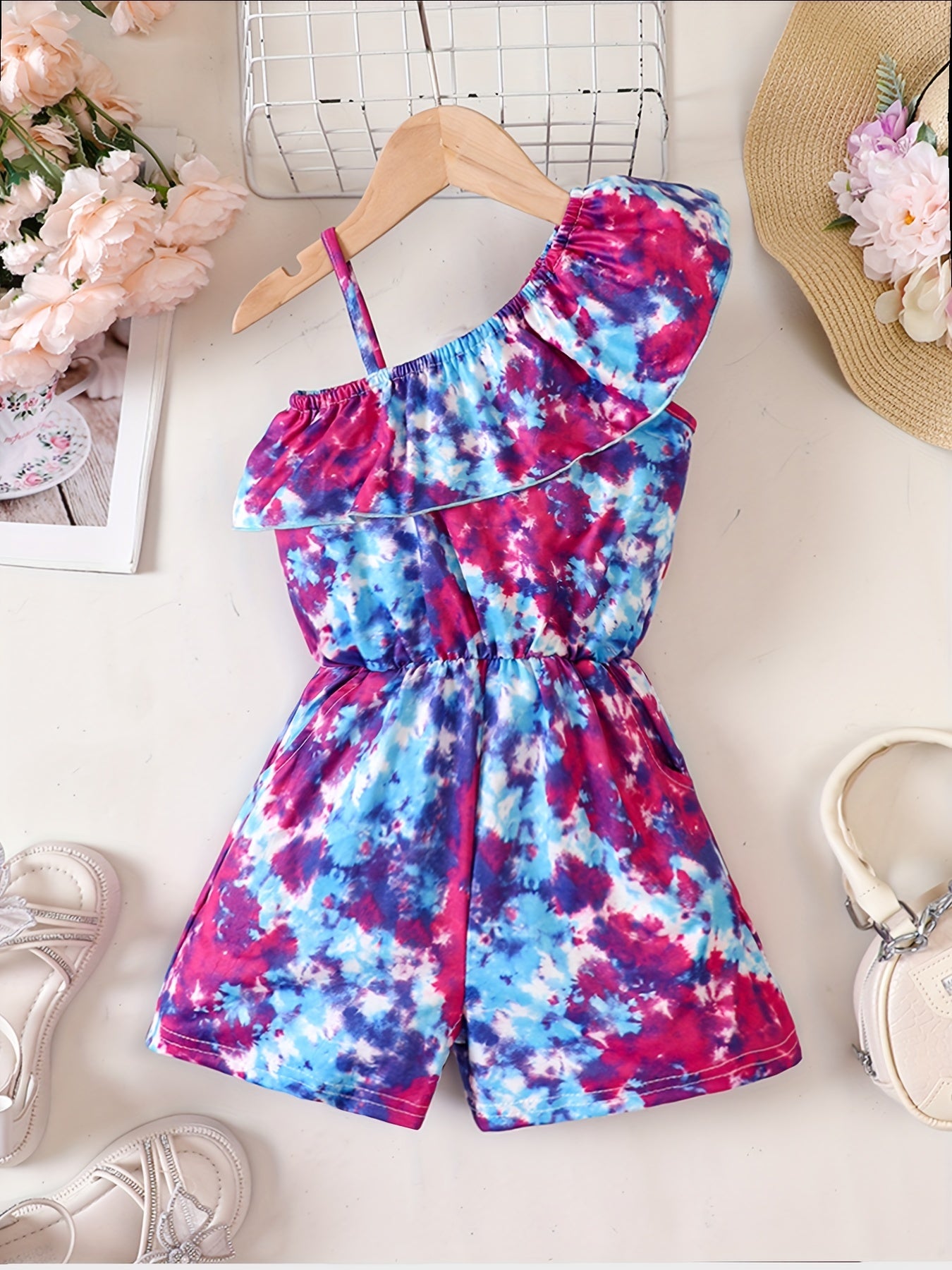 Girls Tie Dye Sleeveless Ruffle Trim Jumpsuit Kids Summer Outfit