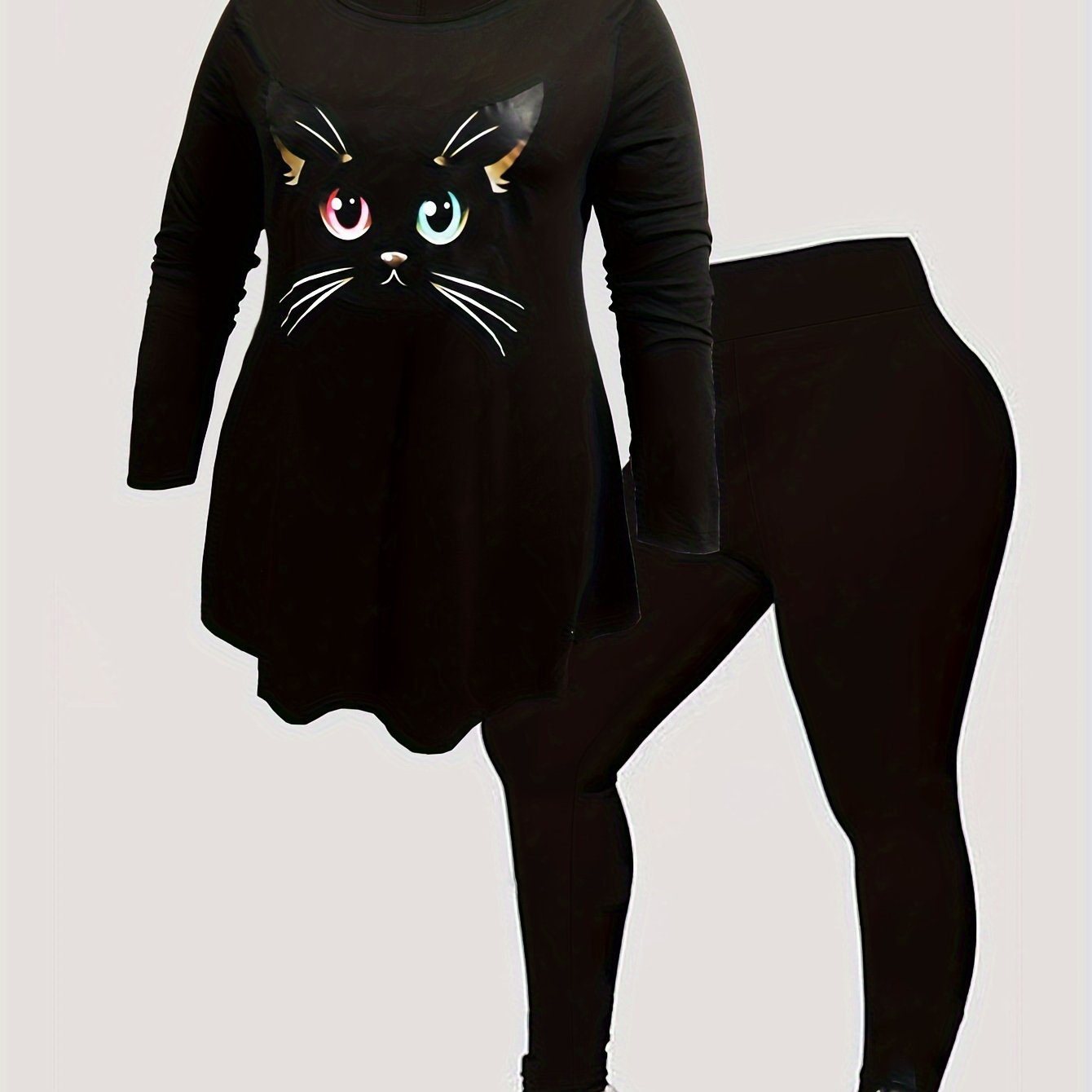 Women's Plus Cat Print Long Sleeve Top & Leggings Outfits Set