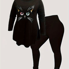 Women's Plus Cat Print Long Sleeve Top & Leggings Outfits Set