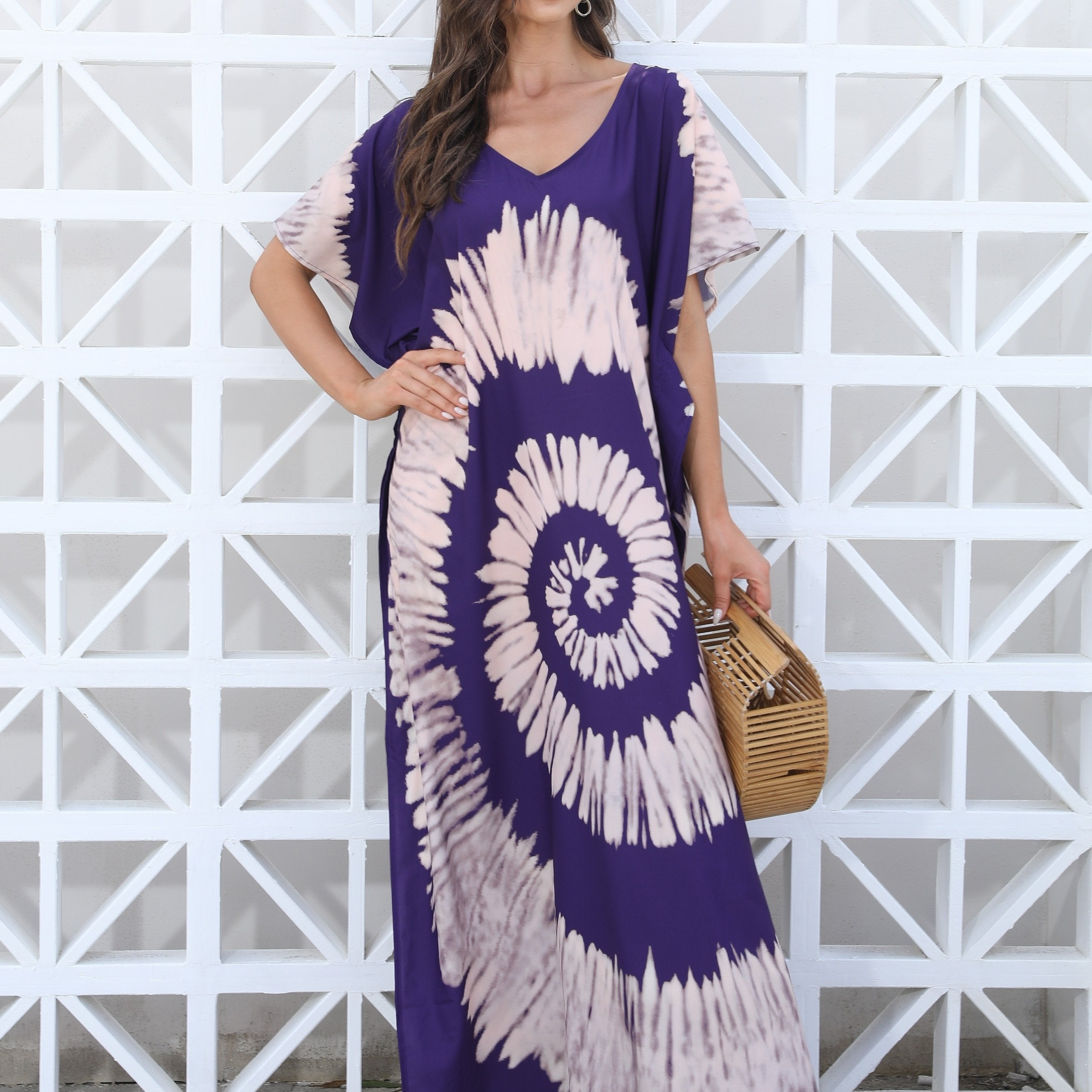 Boho Cover Up Women's Plus Tie Dye Bat Sleeve V Neck Split Loose Beach