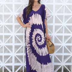 Boho Cover Up Women's Plus Tie Dye Bat Sleeve V Neck Split Loose Beach