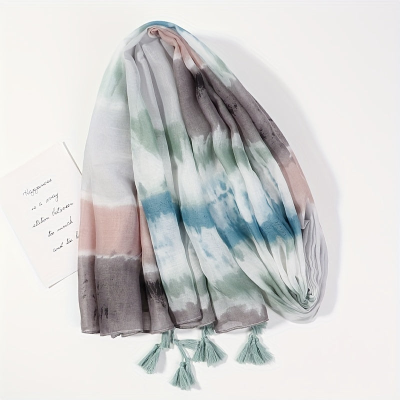 Tie Dye Gradient Tassel Scarf Classic Shawl Windproof Warm Head Wrap Sunscreen