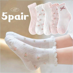 5 Pairs Kids Socks Flowers Pattern Girls Spring Summer Children Baby Girl Clothi