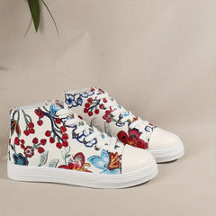 Flower Pattern Canvas Shoes Mid Top Lace Up Sneakers Lightweight Skate Shoes