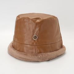 PU Leather Plush Edge Bucket Hat Warm Sun Hats For Women