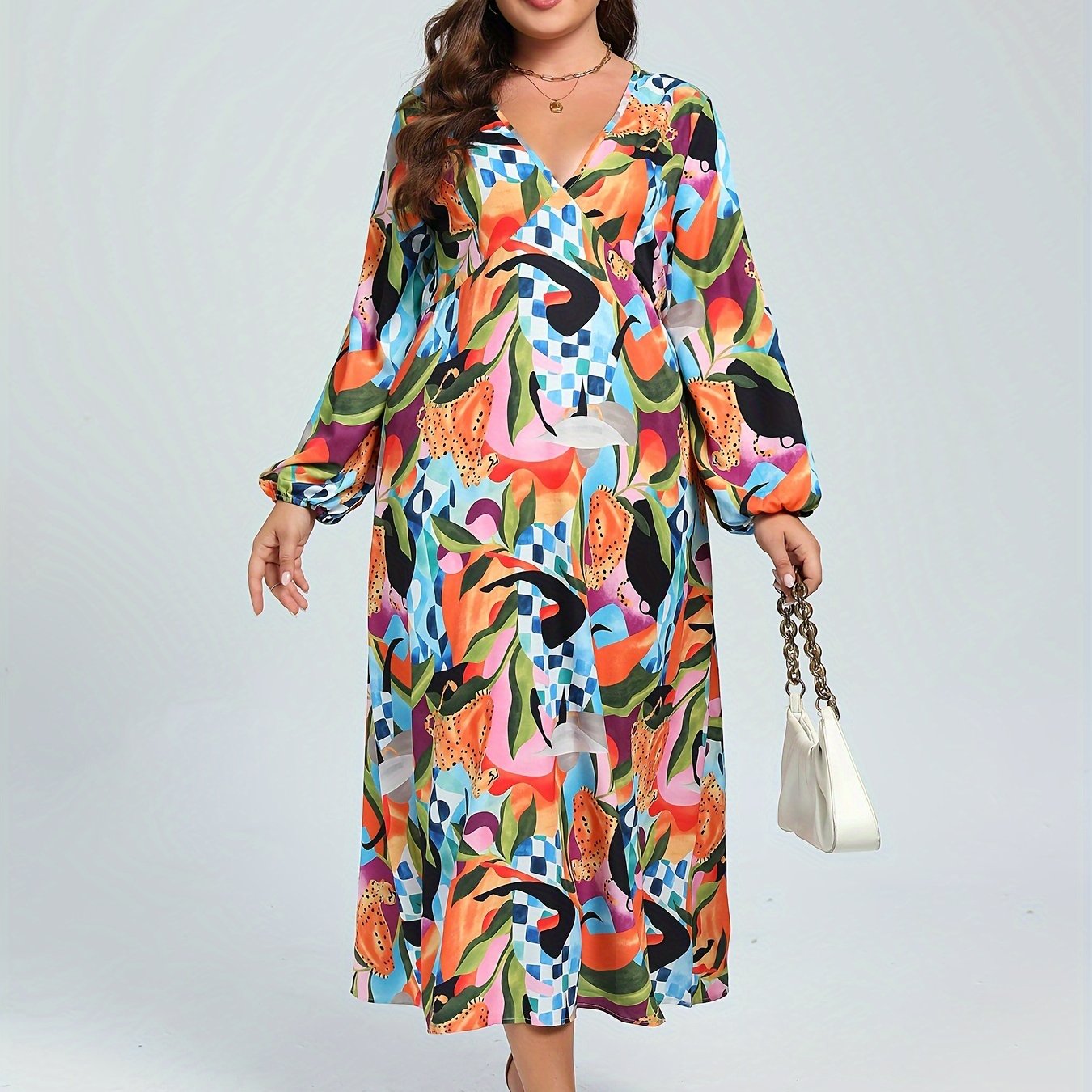 Women's Plus Floral & Geo Print Lantern Sleeve V Neck Maxi Dress