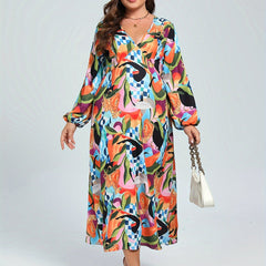 Women's Plus Floral & Geo Print Lantern Sleeve V Neck Maxi Dress