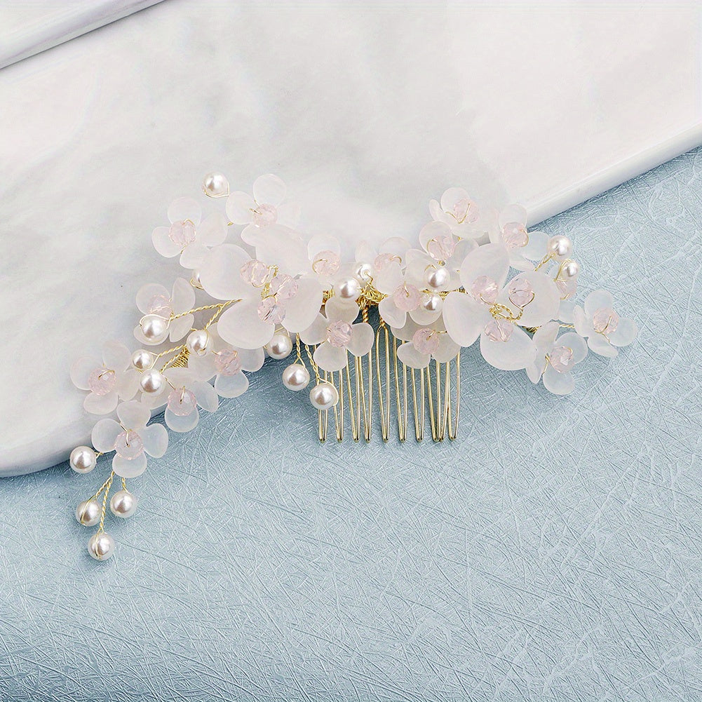 Flower & Faux Pearl Hair Comb Bridal Wedding Headwear