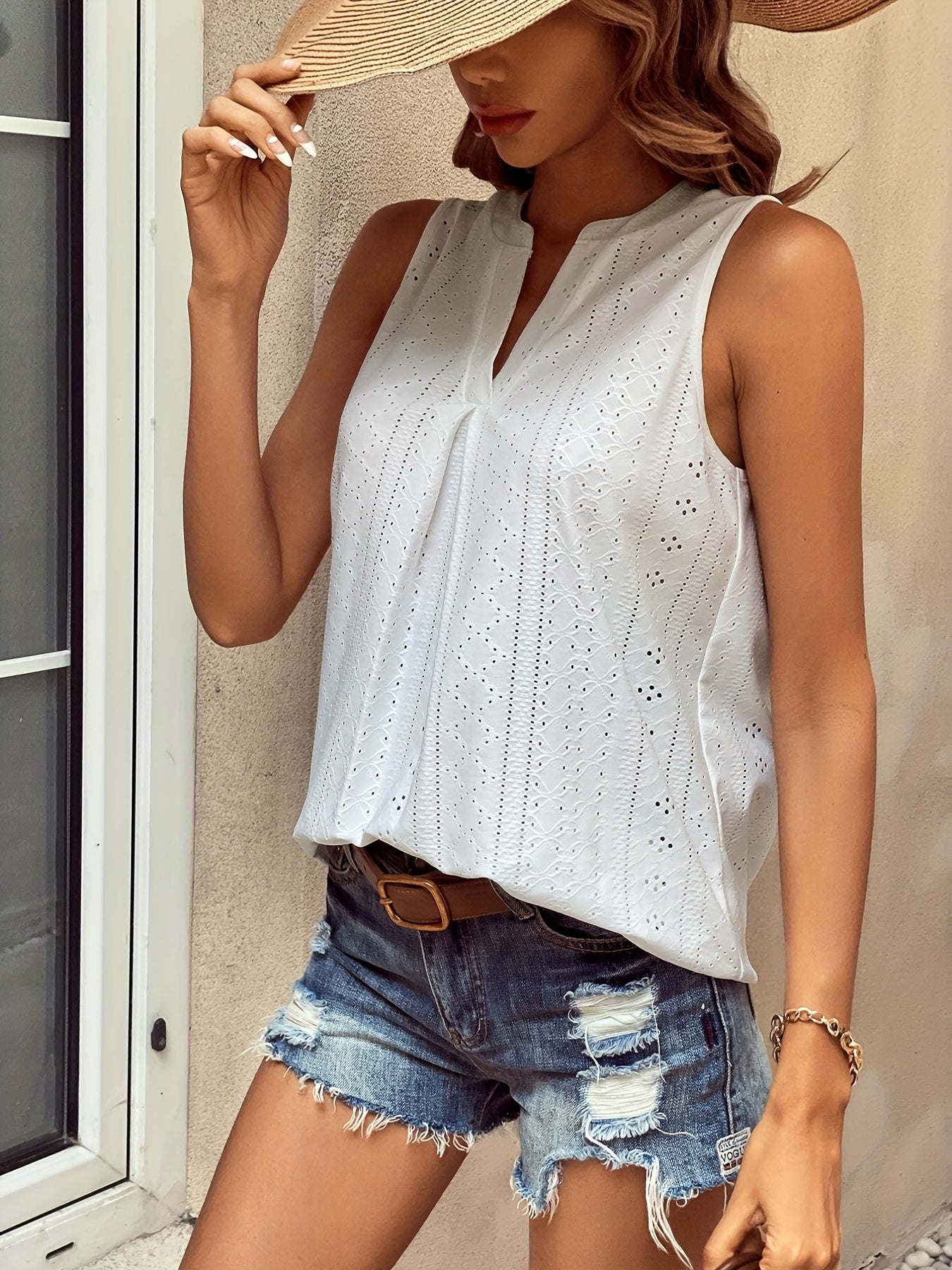 Eyelet V Neck Pleated Tank Top Women's Clothing