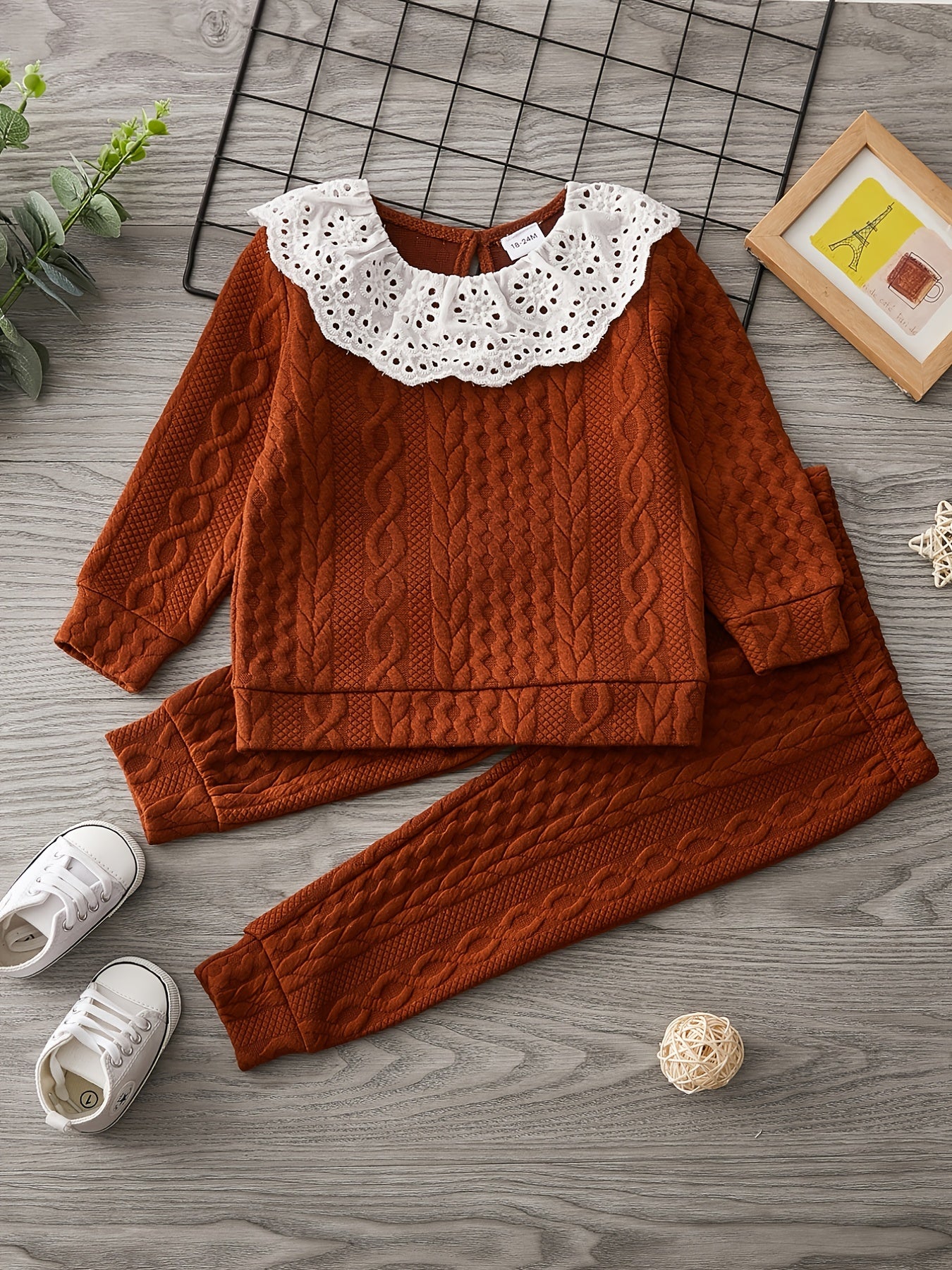 Girls Lace Trim Long Sleeve Sweatshirt & Jogger Pants Set