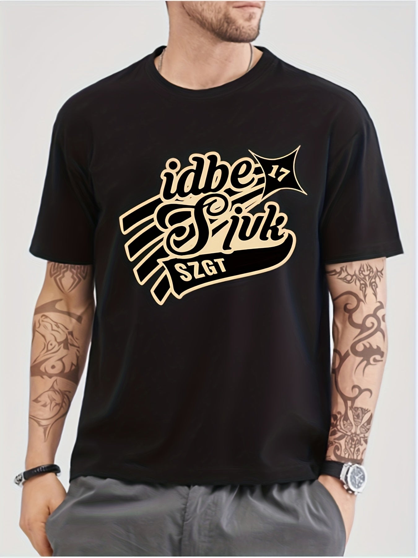 Solid Cotton Retro Letter Print Men's Graphic Crew Neck T shirt