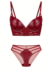 Solid Push Up Bra & Cut Out Panties Lingerie Set