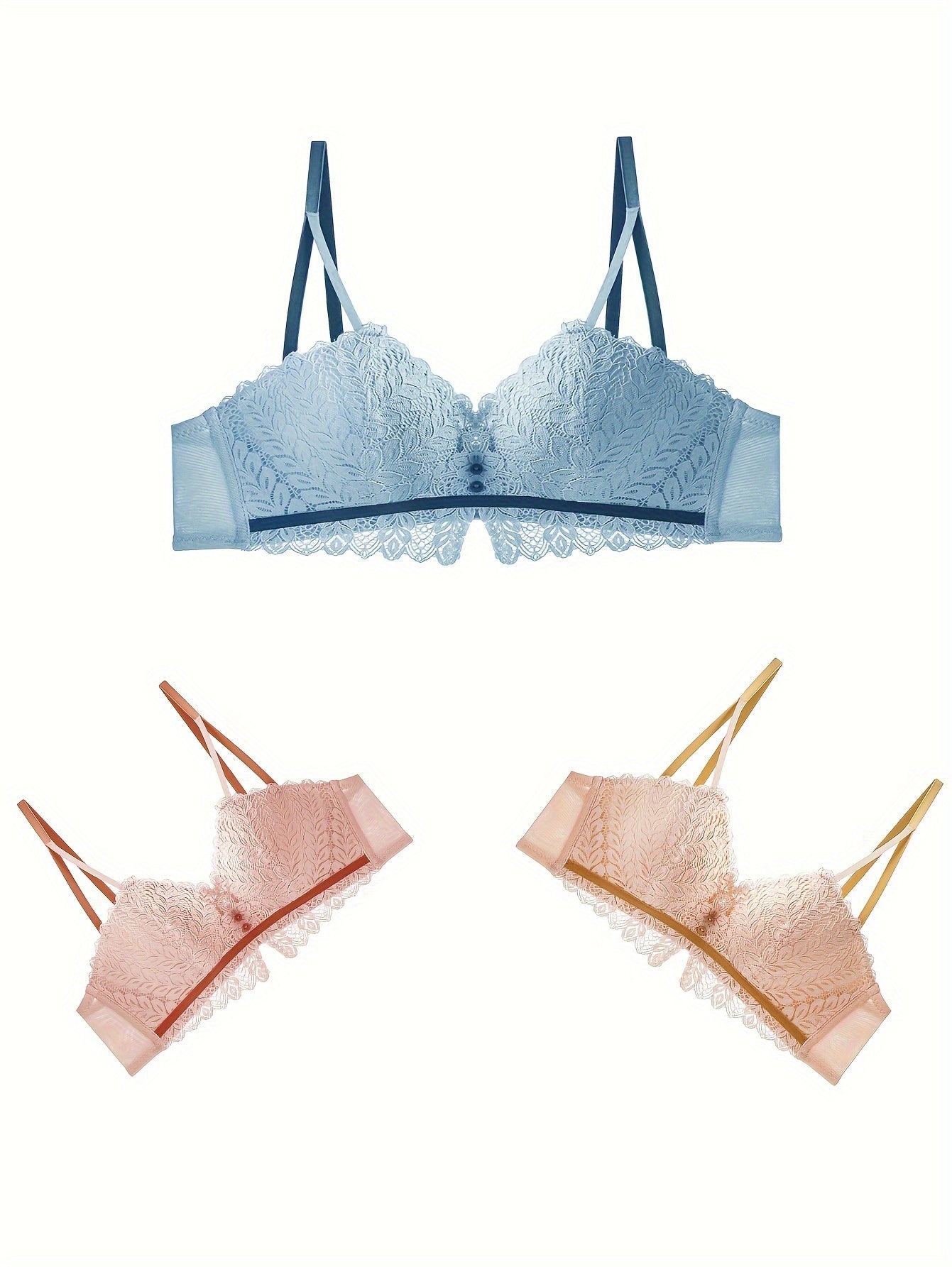 3pcs Lace Wireless Bras Push Up Comfortable & Breathable Women's Underwear