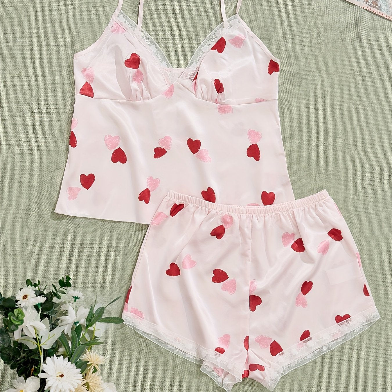 Heart Print Pajama Set V Neck Cami Top & Lace Trim Shorts Women's Sleepwear
