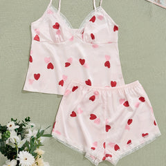 Heart Print Pajama Set V Neck Cami Top & Lace Trim Shorts Women's Sleepwear