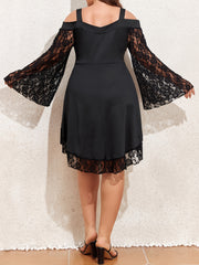 Plus Size Gothic Dress Women's Lace Cold Shoulder Bell Sleeve Lace Up