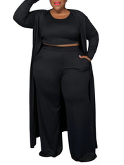 Solid Long Cardigan & Crop Tank Top & Leggings 3pc Set