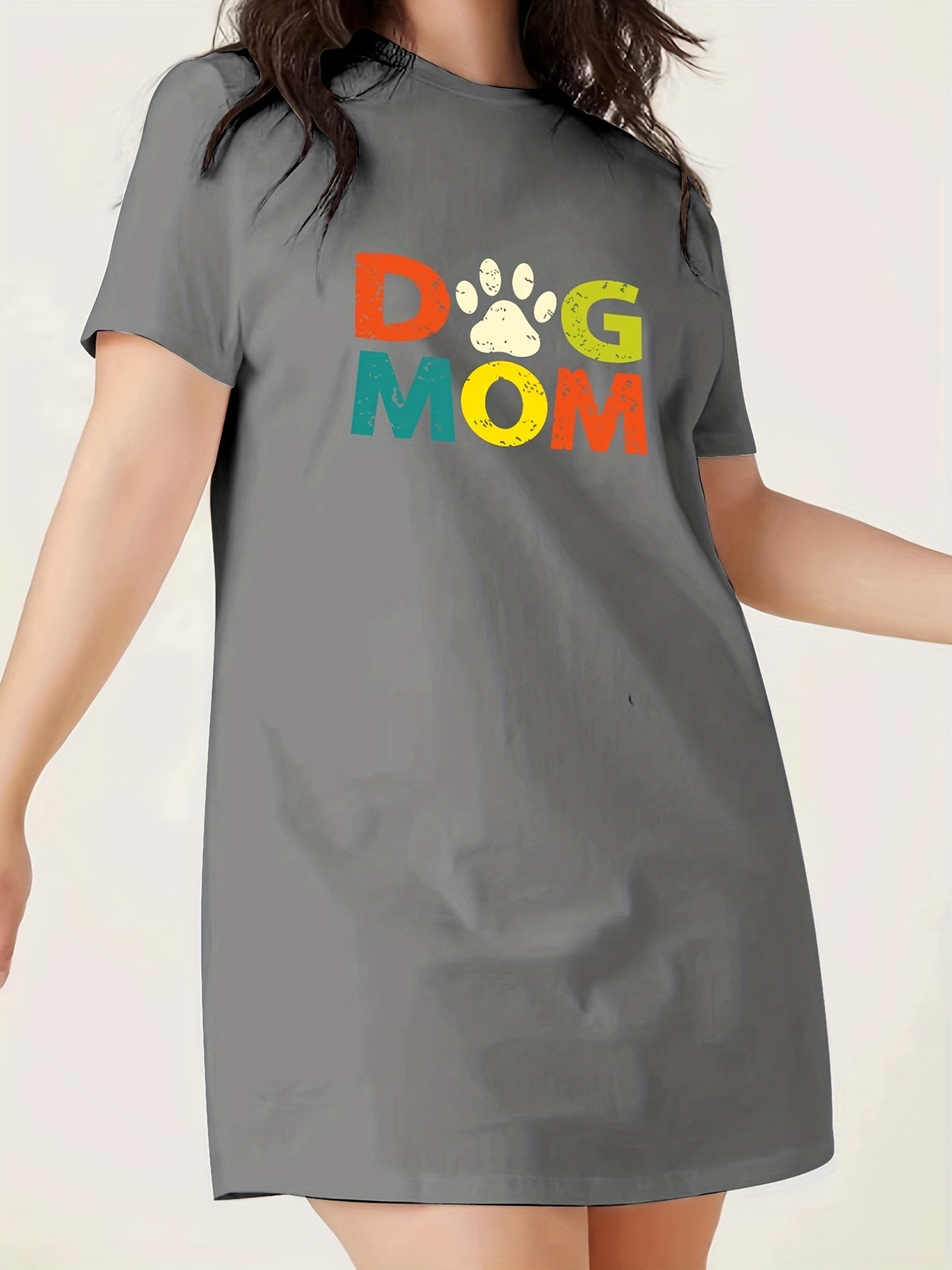 Casual Nightdress Women's Plus Paw & Letter Print Sleep Dress