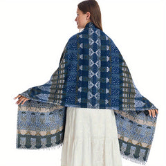 Geometric Printed Warm Shawl Wrap for Winter Coldproof Fringed Blanket