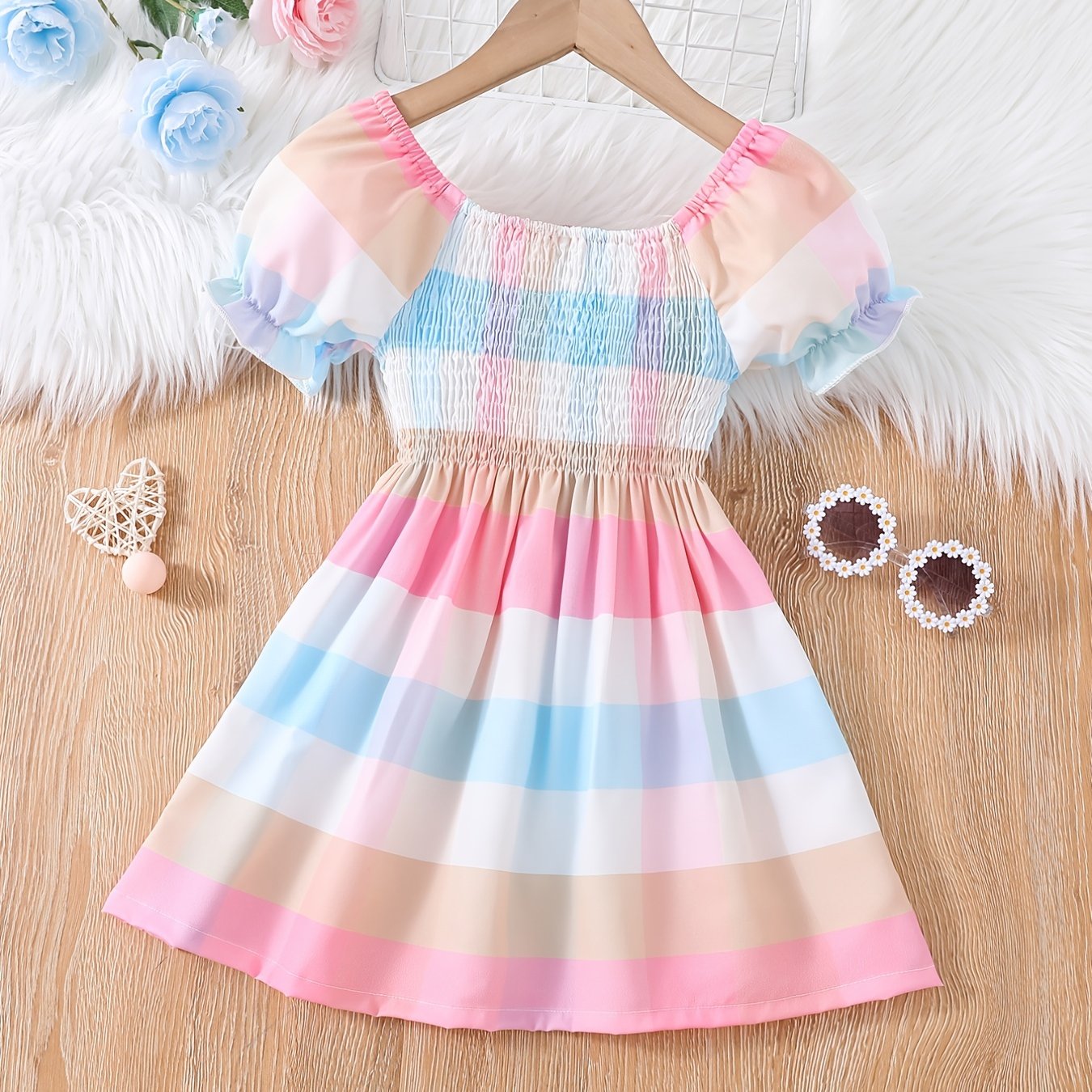 Girls Shirred Puff Sleeve Colorful Plaid Party Dress Kids Summer Clothes
