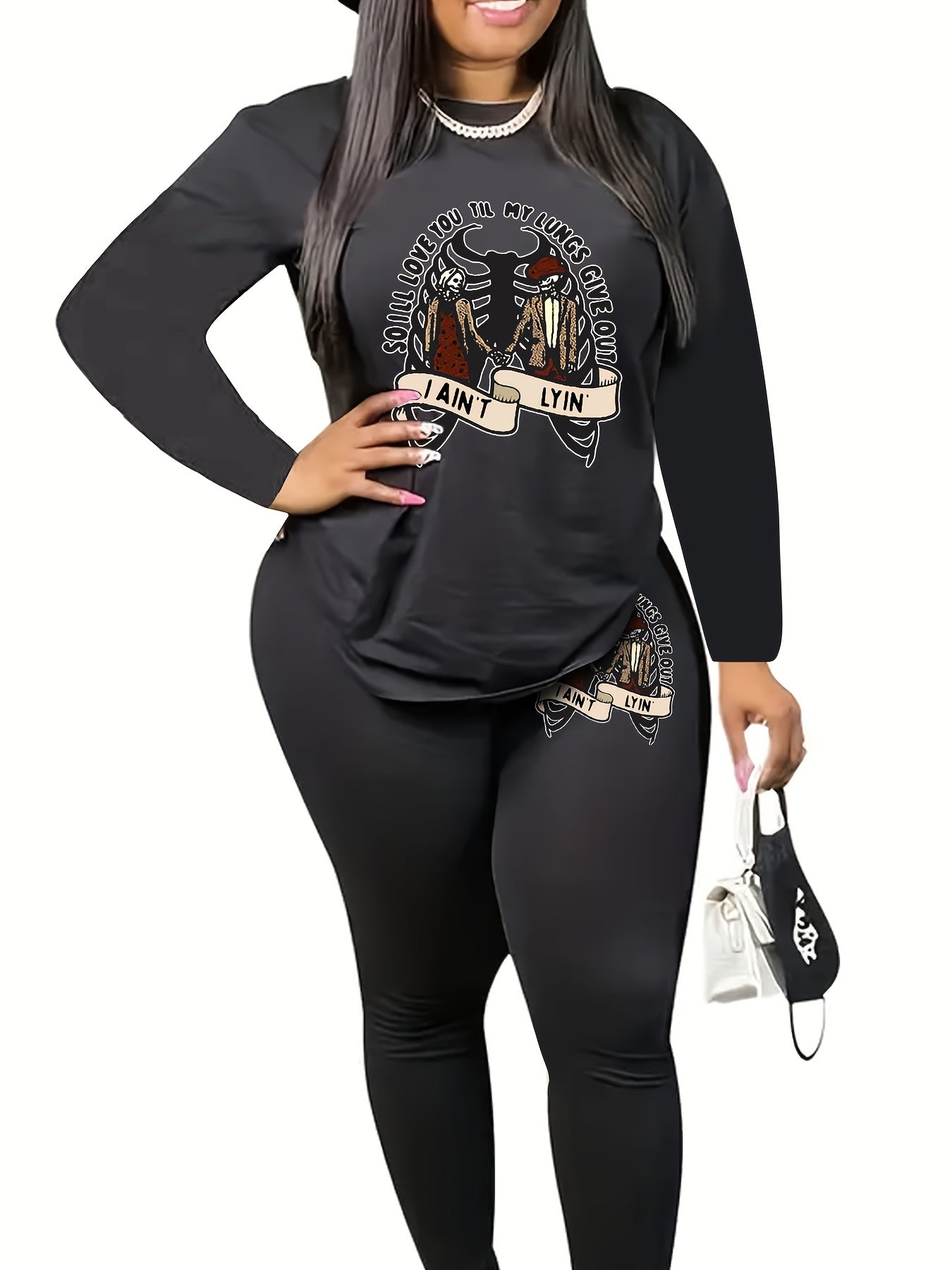 Halloween Outfits Women's Plus Skull Couple Print Top & Leggings Set