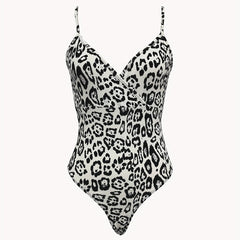 Leopard Print V neck Cami Bodysuit Sexy One Piece Bodysuit