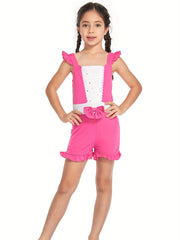 Girls Princess Ruffle Sleeve Jumpsuit With Bow Romper