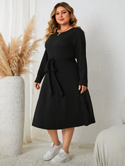 Solid Jacquard Long Sleeve Midi Dress With Belt