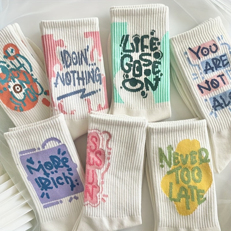 7 Pairs Letter Print Socks Comfy & Breathable Mid Tube Socks Women's Stockings