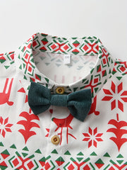 Boy's Christmas 2pcs Bow Tie Shirt & Corduroy Overalls Set Elk Print