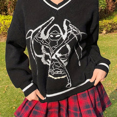 Halloween Grim Reaper Print Sweater Long Sleeve V Neck Pullover Jumper