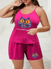 Funny Cat & Letter Print Pajama Set for Women