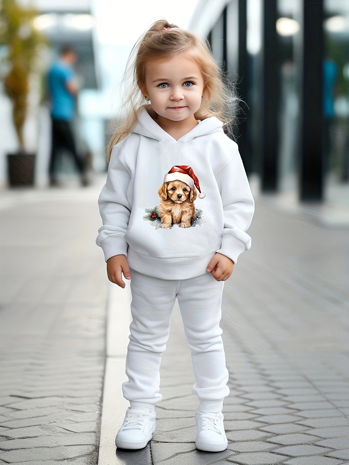 Girls Dog Santa Hat Pattern Hooded Sweatshirt Sweatpants Set