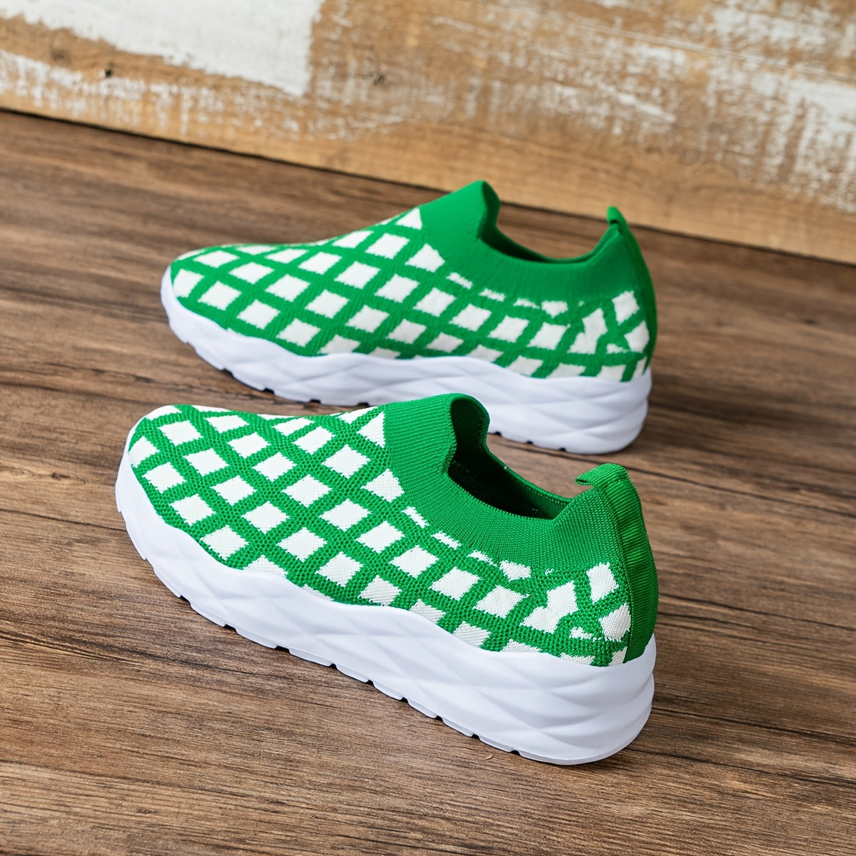 Women's Green Plaid Chunky Sneakers Lightweight Outdoor Sport Shoes