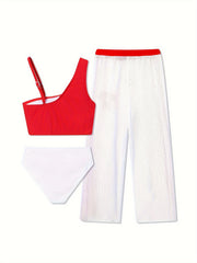 3pc Girls Splicing Letter Print Swimsuit Comfy Bathing Suit