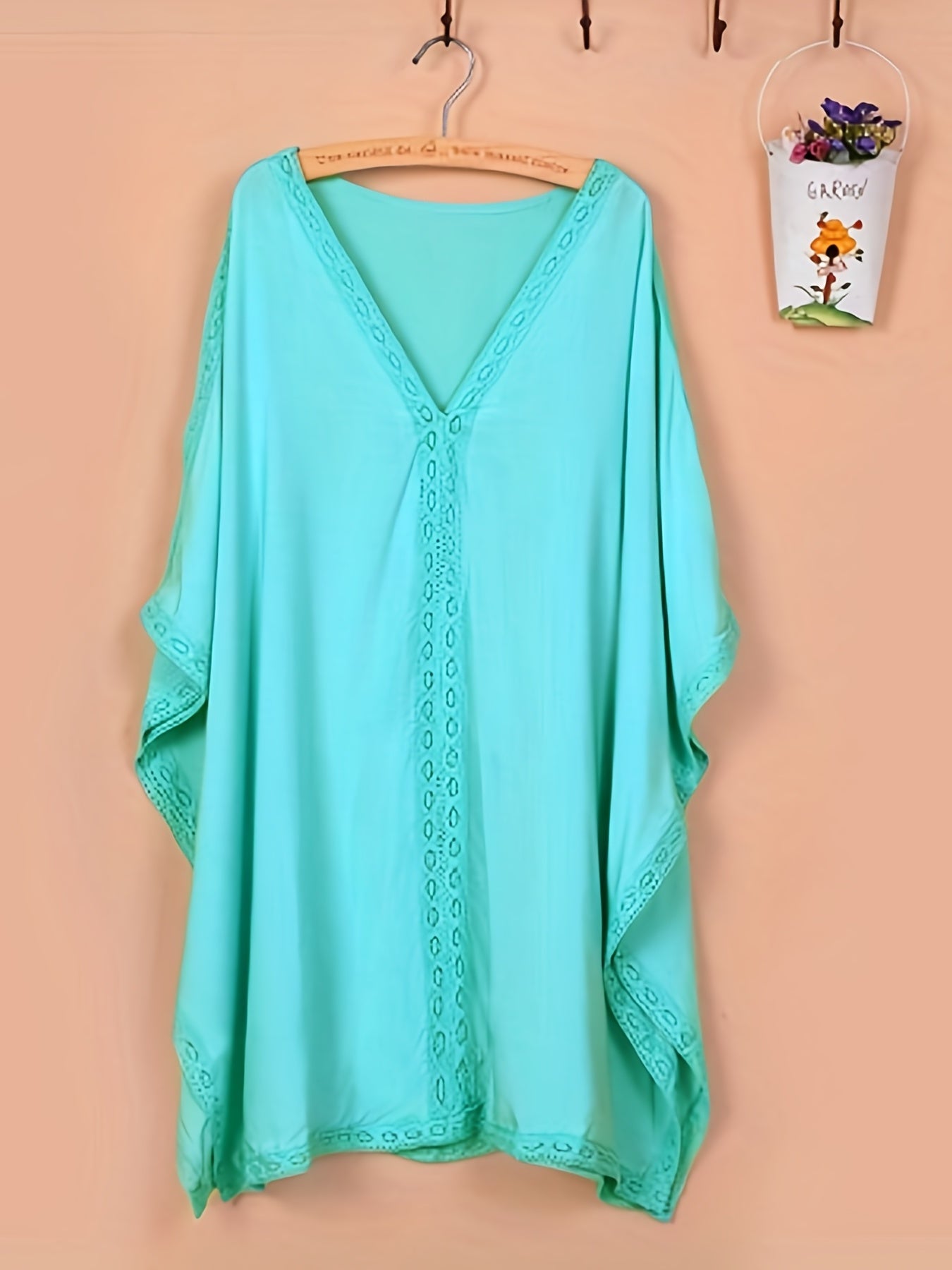 V Neck Cover Up Tops Loose Fit Solid Contrast Trim Beachwear