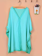 V Neck Cover Up Tops Loose Fit Solid Contrast Trim Beachwear