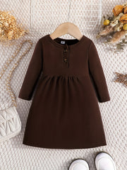 Girls' Corduroy Button Crew Neck Long Sleeve Dress For Party