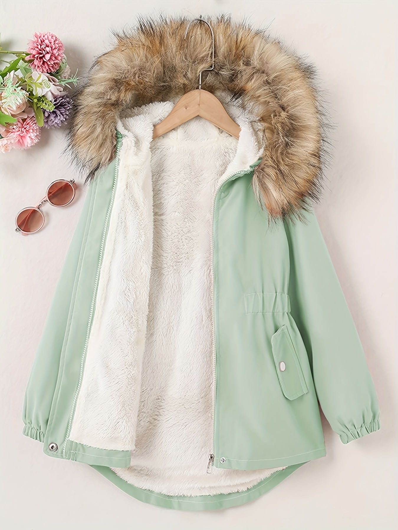 Girls Winter Fleece Hooded Jacket Coat with Drawstring Waist