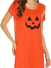 Halloween Pumpkin Face Print Round Neck Tee Sleep Dress