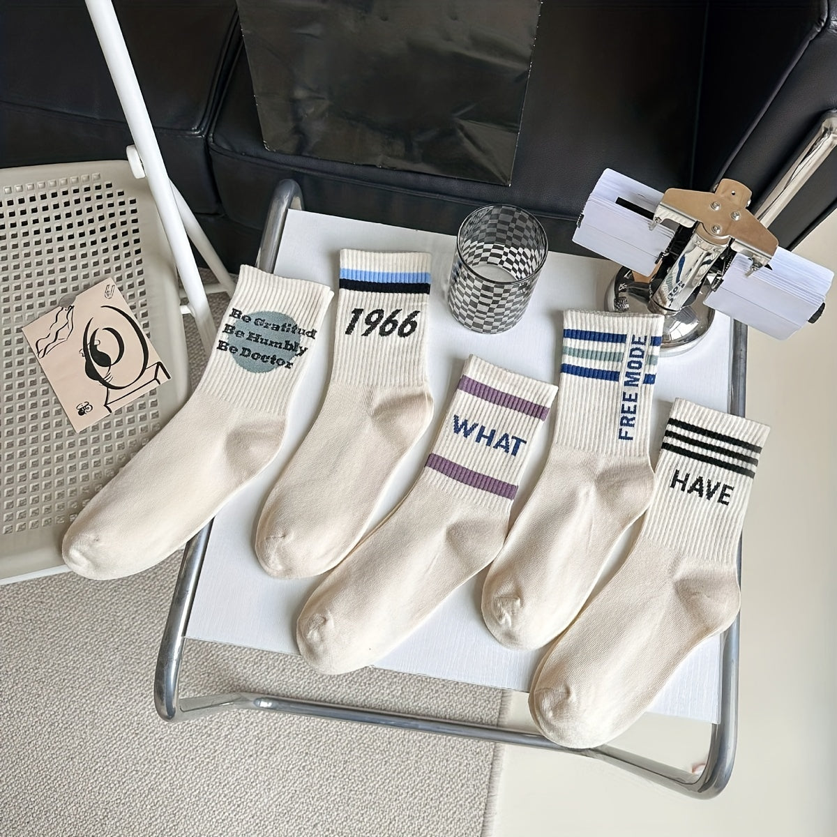 5 Pairs Letter Print Striped Socks Mid Tube Socks Women's Stockings