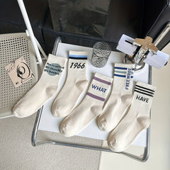5 Pairs Letter Print Striped Socks Mid Tube Socks Women's Stockings