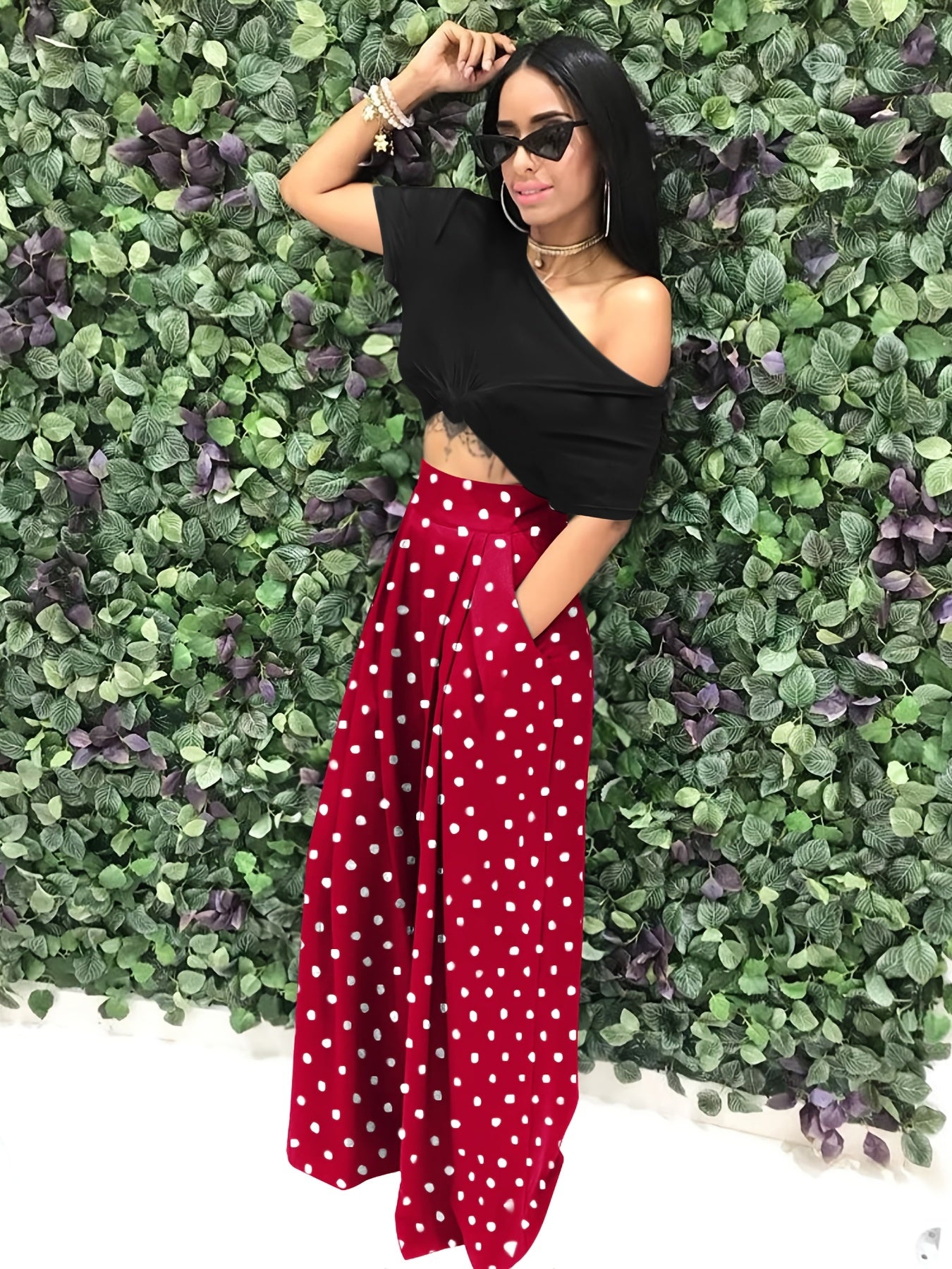 Houndstooth Wide Leg Pants High Waist Casual Pants With Pockets