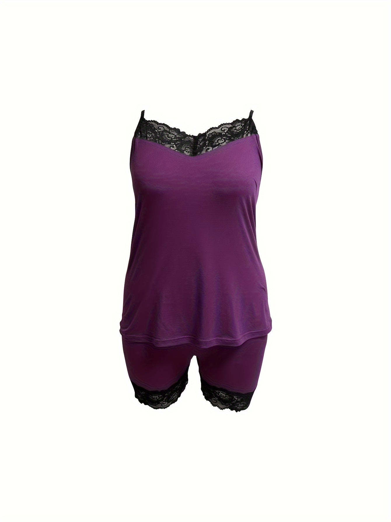 Lace Trim V Neck Stretch Camisole & Shorts 2 Piece Set