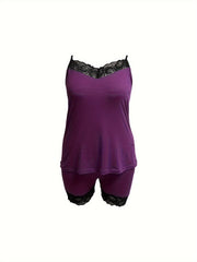 Lace Trim V Neck Stretch Camisole & Shorts 2 Piece Set