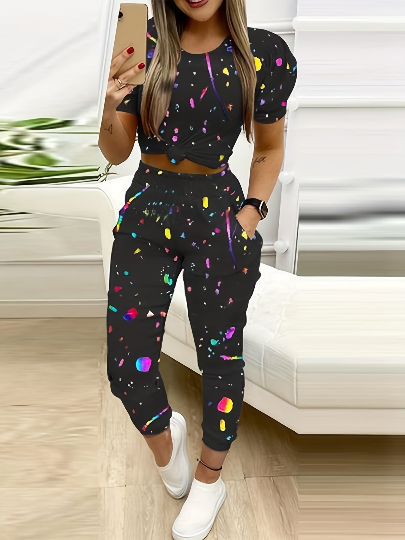Block Print Pants Elastic Waist Sports Casual Pants