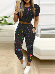 Block Print Pants Elastic Waist Sports Casual Pants