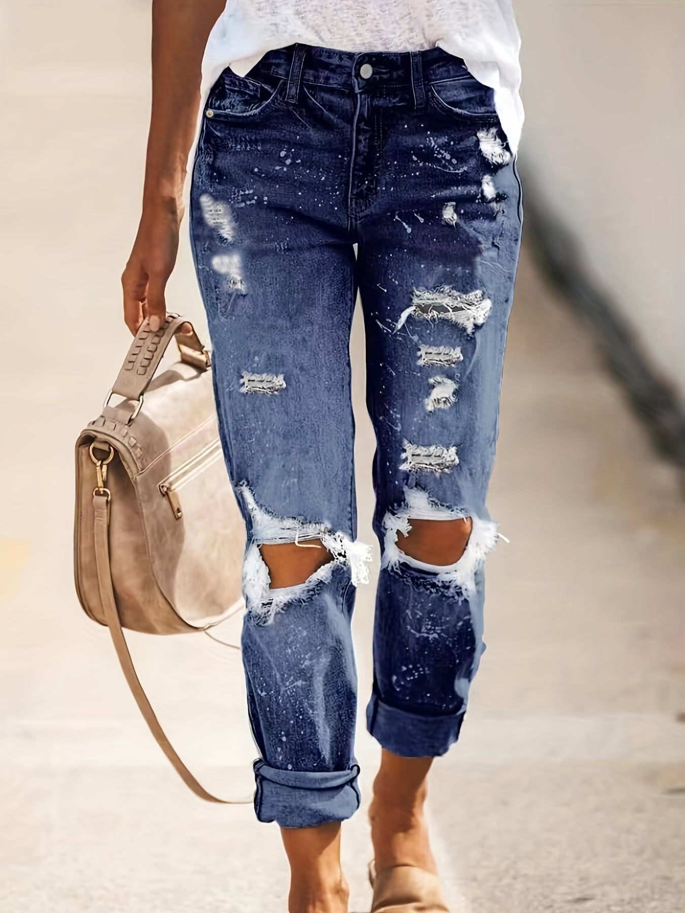 Women's Ripped Straight Jeans Non-Stretch Denim Pants