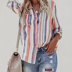 Casual Blouse Women's Plus Stripe Print Button Up Shirt